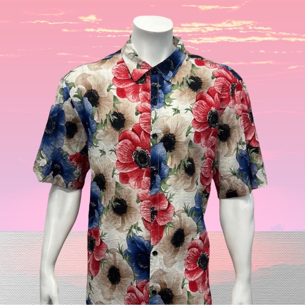 Jogal White Pink Blue Floral Hawaiian Aloha Luau Men's Short Sleeve Shirt XXL 2X